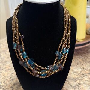 Elegant Beaded Necklace with Blue and Gold Accents